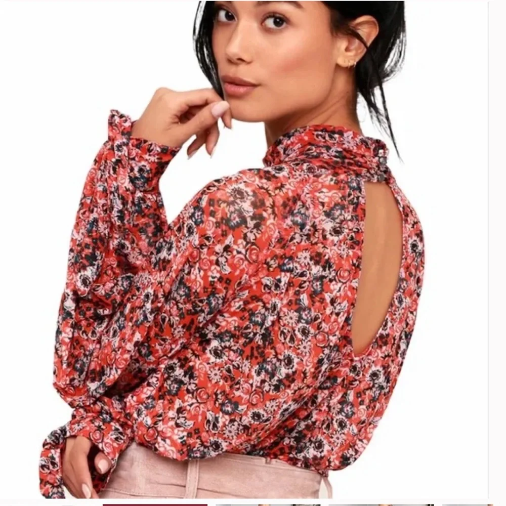 Free People All Dolled Up Mesh Orange Florals Long Sleeve Top Size S